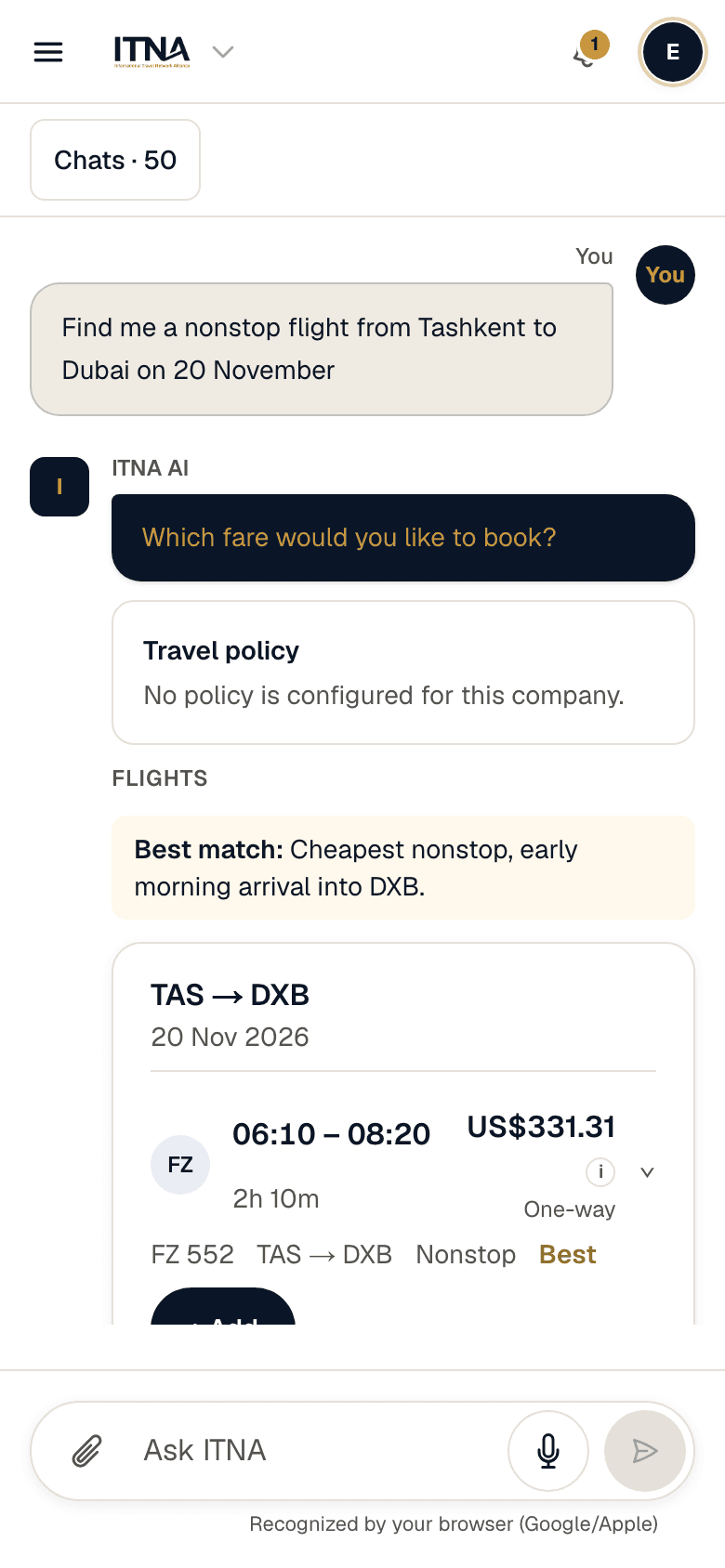 ITNA shared chat: the assistant puts together trip options from an employee’s request